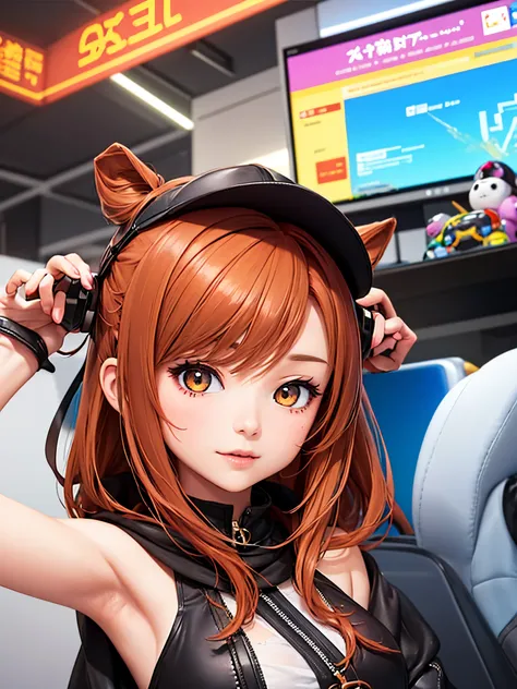 anime girl, copper hair, gold eyes, gamer