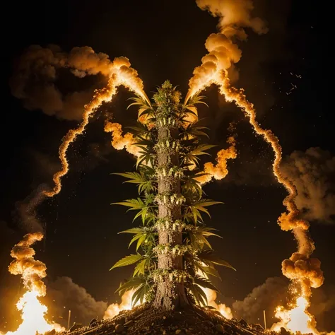 Powerful explosion, double helix made with cannabis leaf