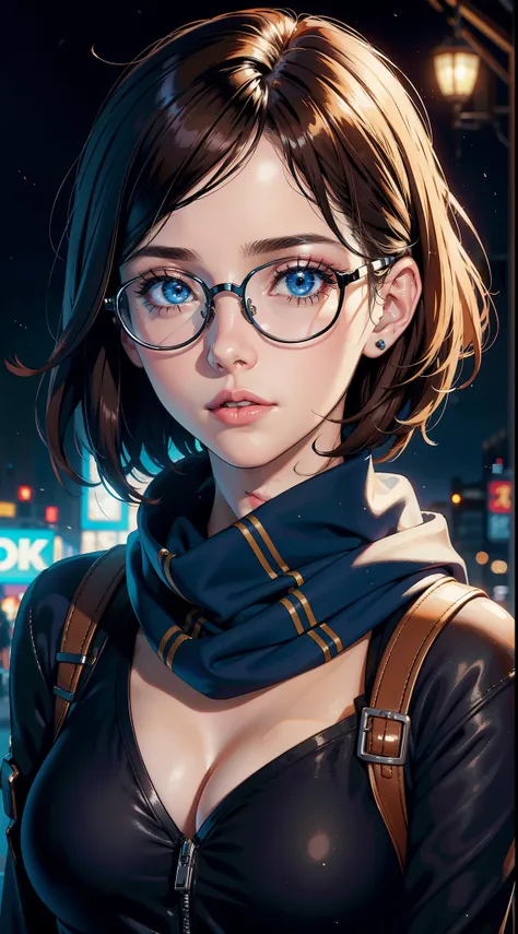 {8k image}, 1woman (solo), Lana Rhoades, 27 years old, short brown hair, blue eyes, wearing a scarf and round glasses, facing the camera, {face portrait}, close on face, no ​​background, anime art style