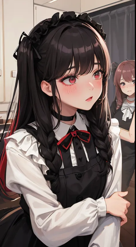 girl with２a person:1.8,(blush:1.1),Choker,Drunk、Two girls are kissing、top-quality、masutepiece、Blushing cheeks、Mine makeup、Yandere Images、black and red lolita fashion、One person shortcuts、Colorful long hair、《Messy room》、bustup、The style is very good、two wom...