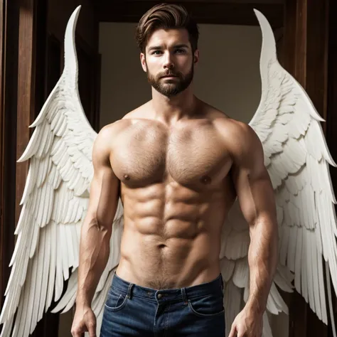 Brown hair, male, white wings, facial hair