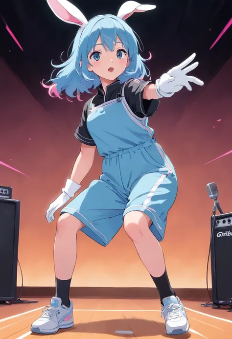 1 girl singer dressed in a light blue jumpsuit pink lines on the sides and black arm sleeves feet with white tennis shoes with white gloves black rabbit ears long electric blue hair, singing