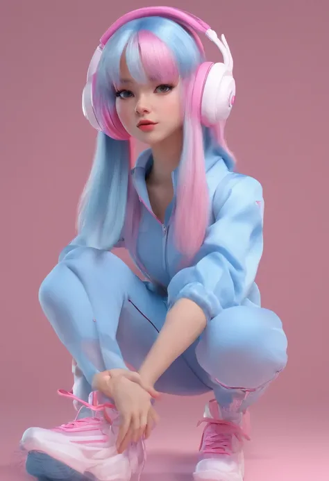 1 girl singer dressed in a light blue jumpsuit pink lines on the sides and black arm sleeves feet with white tennis shoes with white gloves black rabbit ears long electric blue hair, singing