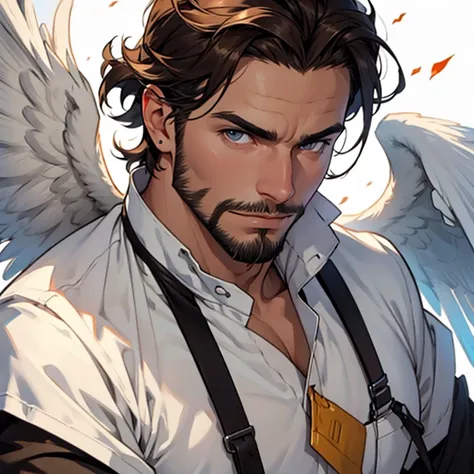 Brown hair, male, white wings, facial hair