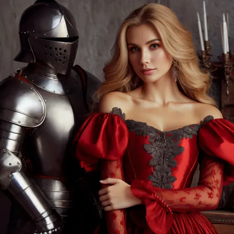 mujer rubia vestida de rojo y disfraz de caballero posando junto a una mesa, Dama con armadura roja, Chica con armadura de caballero, de una hermosa caballero femenina, Hermosa caballero femenina, Alta costura medieval, Caballero medieval femenino, Estilo ...