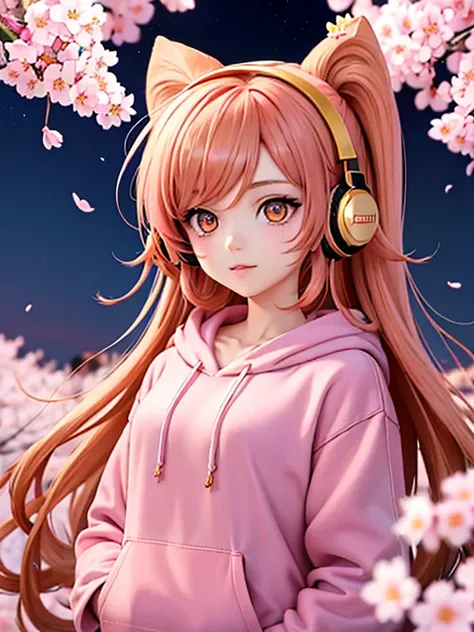 anime girl, copper hair, gold eyes, gamer, vaporwave, light pink hoodie, winged eyeliner, long hair, cherry blossoms, headphones...