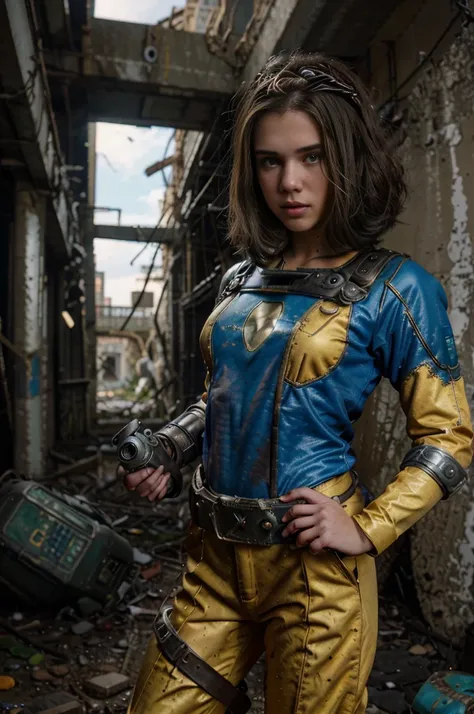 13 year old girl wearing (vaultsuit with pipboy3000 on wrist) standing in a ruined city, holding a large fallout weapon, giant slater fallout insect in background, professionally color graded, professional photography, well drawn, masterpiece, hyper realis...