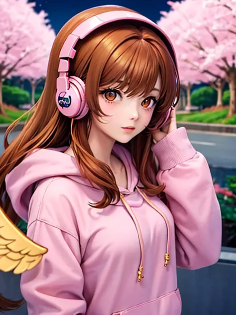 anime girl, long auburn hair, golden eyes, gamer, vaporwave, light pink hoodie, winged eyeliner, cherry blossoms, headphones, cu...