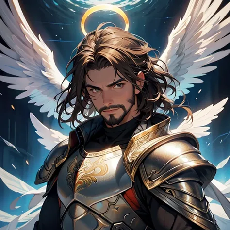 (brown hair,male,white wings,silver armor,facial hair),oil painting,ultra-detailed,elegant pose,vivid colors,angelic,glowing halo,ethereal lighting