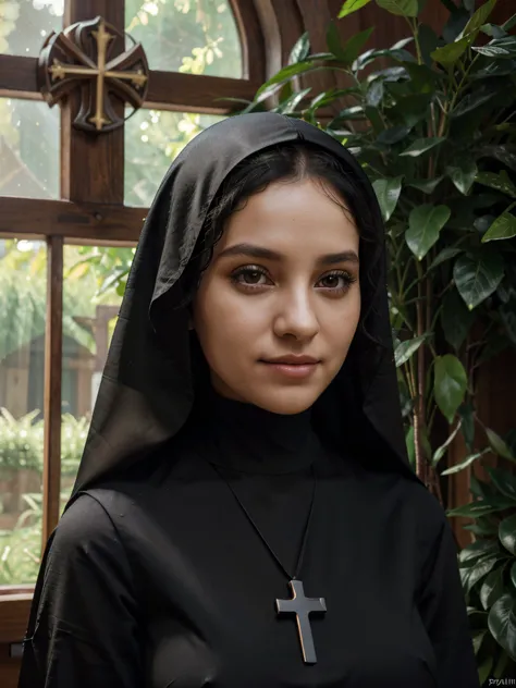 (mujer joven, 20-year-old:1.1), (cabello negro ondulado:1.1), (ojos grandes:1.1), (black exotic makeup:1.1), (Bien vestido), (The Nuns Habit), (collar de cruz de madera), (antiguo monasterio), (monasterio medieval), (Sexy Bien) Ahora (Cabello ultra detalla...