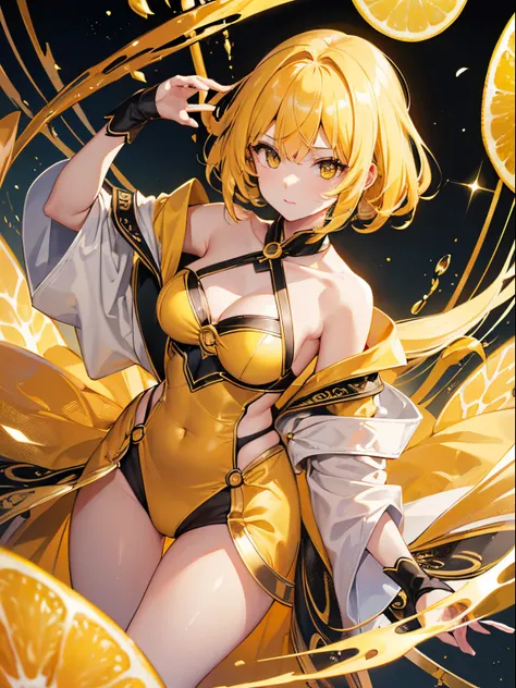 ((4K, ​master piece, Best Quality)), 1girl in, Lemon yellow hair，mysterious orange eyes，personification of libra，Have a balance