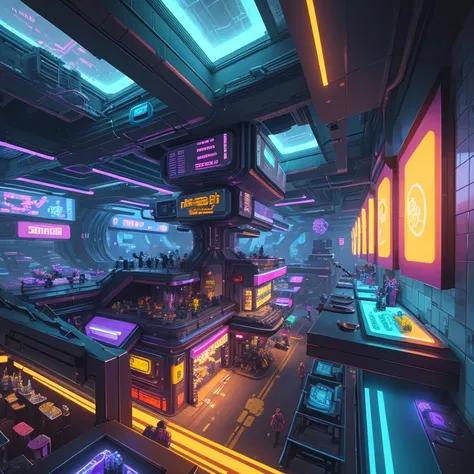 Cartoon style illustration of a futuristic restaurant with bar, Cyberpunk Art by Ryan Yee, Pixiv Contest Winner, pixelart, Space Hive, hive city, alien hive, Isometric future game, theme is cyberpunk city market, cyberpunk pixel art, sci-fi building. iso-d...