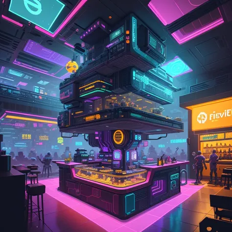 Cartoon style illustration of a futuristic restaurant with bar, Cyberpunk Art by Ryan Yee, Pixiv Contest Winner, pixelart, Space Hive, hive city, alien hive, Isometric future game, theme is cyberpunk city market, cyberpunk pixel art, sci-fi building. iso-d...