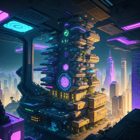 （（utopian）），Space Hive, hive city, alien hive, Isometric future game, theme is cyberpunk city market, cyberpunk pixel art, sci-fi building. iso-distance view, cyberpunk nightclub, cyberpunk artstyle, Cyberpunk Mansion, beehive, isometric game art, detailed...