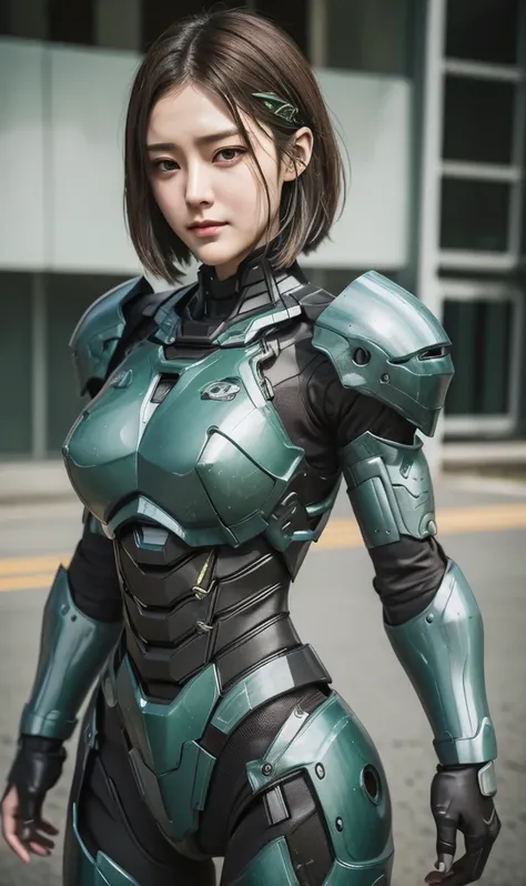 Textured skin, Super Detail, high details, High quality, Best Quality, hight resolution, 1080p, hard disk, Beautiful,(War Machine),beautiful cyborg woman,Dark Green Mecha Cyborg Girl,Battle Mode,Girl with a Mecha Body,She wears a futuristic war machine wea...