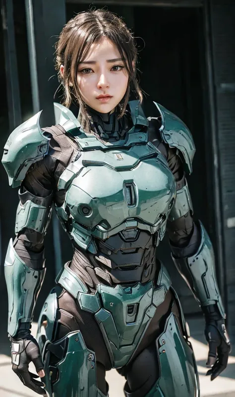 Textured skin, Super Detail, high details, High quality, Best Quality, hight resolution, 1080p, hard disk, Beautiful,(War Machine),beautiful cyborg woman,Dark Green Mecha Cyborg Girl,Battle Mode,Girl with a Mecha Body,She wears a futuristic war machine wea...