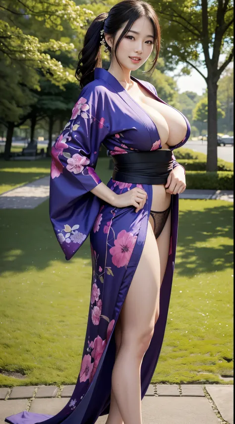 Best quality, masterpiece, ultra high res, in a park, (photorealistic:1.4), smiling, one beautiful woman,),((sweaty)), (kimono), cleavage, walking，Spread your legs apart，Huge ass，Huge breasts, silk clothes，thick pubic hair,