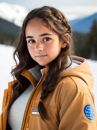 1girl. Tan skin, freckles on nose, freckles on cheeks, dark brown hair, wavy hair, hair braid, pregnant, light jacket, snow, full body, wide angle,