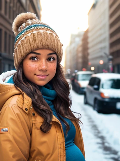 1girl. Tan skin, freckles on nose, freckles on cheeks, dark brown hair, wavy hair, hair braid, beanie, pregnant, light jacket, snow, full body, wide angle, city street,