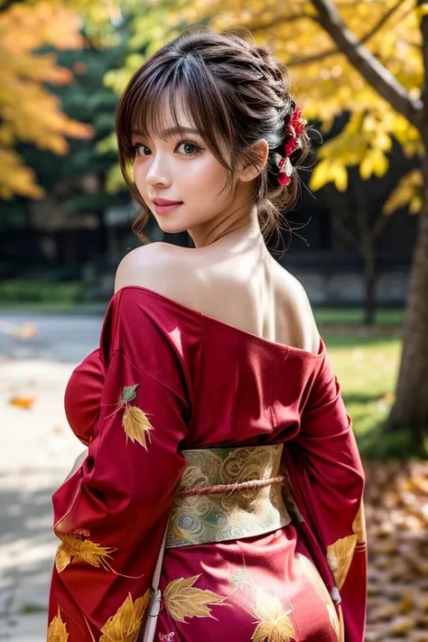 (masutepiece:1.3, Photorealsitic:1.4, 8K), top-quality, ​masterpiece, 超A high resolution, Perfect dynamic composition, Professional camera work, Highly detailed skin and facial texture:1.3, A detailed eye, Detailed limbs, autumnal, Autumn leaves landscape ...