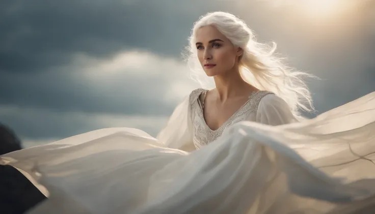 A princess wearing a white dress with beautiful white hair is flying in the sky on a dragon., game of thrones drama style, High fidelity Photograph, Movie-like tone and manner, Dynamic screen composition, Highest Quality, 4k quality,