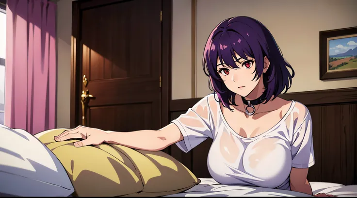 kusanagi motoko, Purple colored hair, red eyes, （Highest high resolution，distinct_image）Best quality at best， woman， tmasterpiece， highly  detailed， Half realistic， 21 years old， adolable， 年轻， big breasts beautiful，  Oversized Transparent T-Shirt， shirt pu...