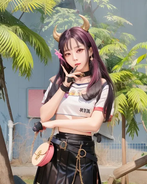 there is a woman with horns and a skirt holding a cell phone, inspired by Sim Sa-jeong, e - girl, e-girl, jisoo from blackpink, inspired by Ni Yuanlu, inspired by Pu Hua, anime thai girl, in the style of sifu 🔥 😎 🕹️ 👀 :2, inspired by Song Maojin