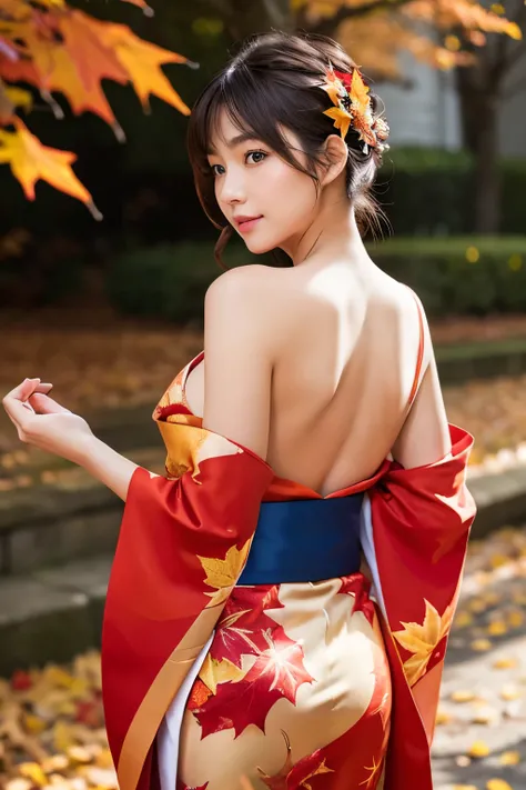 (masutepiece:1.3, Photorealsitic:1.4, 8K), top-quality, ​masterpiece, 超A high resolution, Perfect dynamic composition, Professional camera work, Highly detailed skin and facial texture:1.3, A detailed eye, Detailed limbs, autumnal, Autumn leaves landscape ...