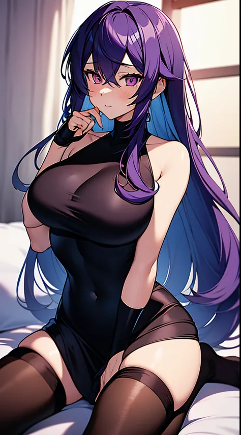 kusanagi motoko！！！！Purple colored hair, red eyes,Anime style woman wearing black tights，kneeling on a bed， anime《Fantasma na Concha》Curly, kusanagi, Misato Katsuragi, Inspired by Morikage Hisumi, anime, Fantasma na Concha, Ghost in the Shell style,seductiv...