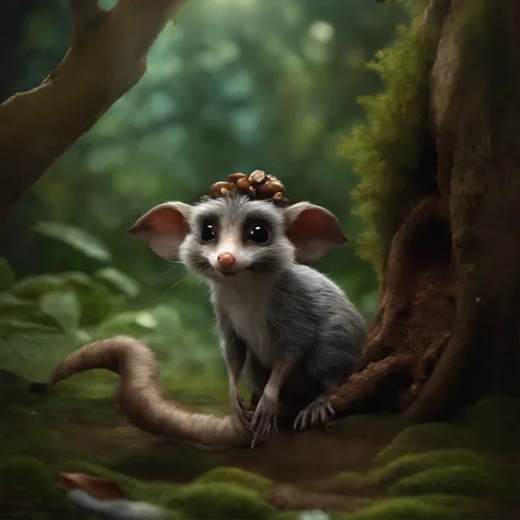 gremlin, mole-like, bright silver and brown, long tail, large ears, covered with silver fur, holding an acorn in his paws, water, Burrow, tree roots stick out from the walls in the hole,  mushrooms sticking out of the ground, Best Quality, Masterpiece, in ...