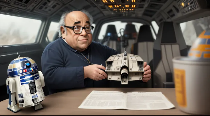 Replace the r2 droid unit in a star wars x-wing fighter with a tiny danny devito