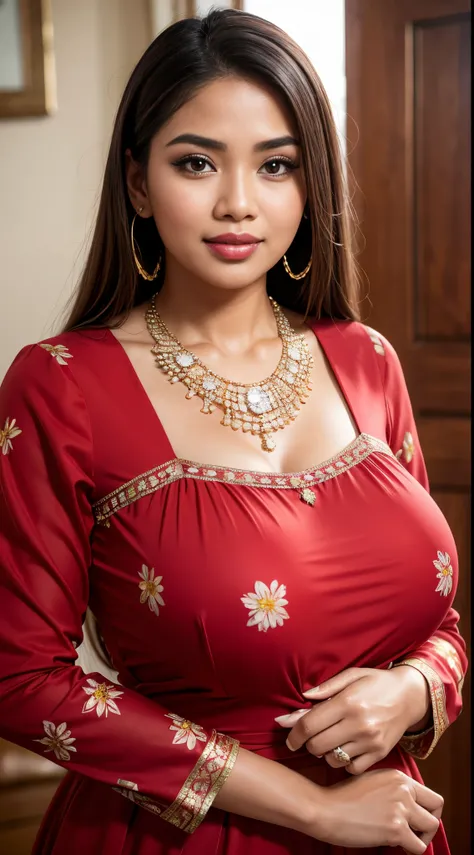 RAW, Best quality, high resolution, masterpiece: 1.3), beautiful Malay woman (iu:0.8)1beautiful Malay woman ,beautiful face, watery eyes, perfect lips, big eyes, wearing (long sleeves, vintage dress, floral, red)), accessories ((diamond necklace)), giganti...