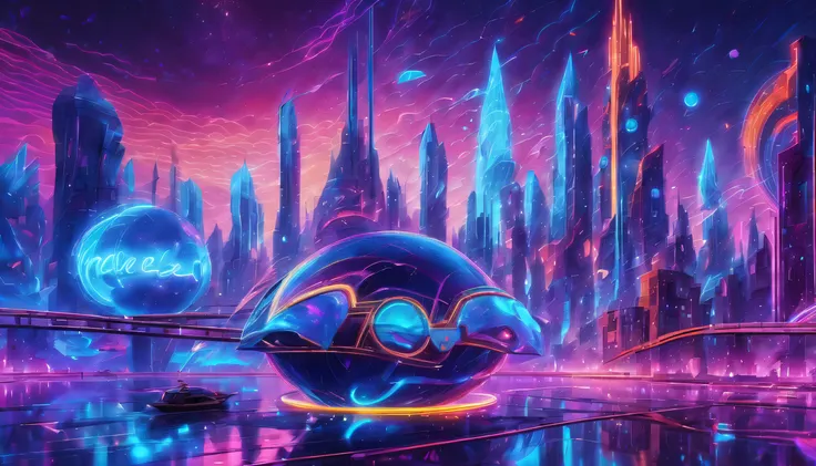 A mesmerizing surrealist utopian world, Floating within a futuristic city skyline while being decorated, With a sophisticated interface, Steampunk storm neon glows with luminous patterns, Impressive images that capture the essence, high?High-tech anonymous...