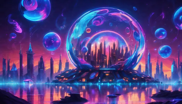 A mesmerizing surrealist utopian world, Floating within a futuristic city skyline while being decorated, With a sophisticated interface, Steampunk storm neon glows with luminous patterns, Impressive images that capture the essence, high?High-tech anonymous...