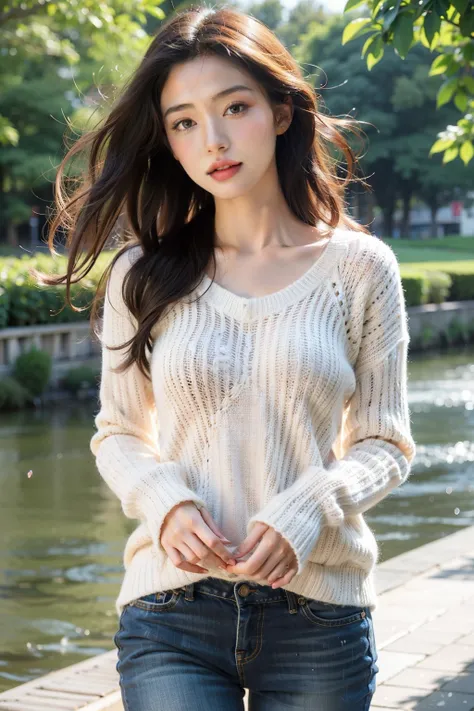 girl walking by the river、(highdetailskin:1.2)、(top-quality:1.0)、(Hyper-Resolution:1.0)、(ulzzang-6500:0.3)、Wavy detail hair、long、Turn the hem of the sweater with both hands、The sun shines、(Beautiful detailed makeup)、Flower-themed petals scattered、 (soft li...