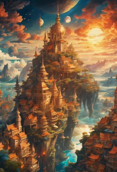 (((Amazing quality and crazy majestic fantasy utopia world illustration:1.3))), My heart wanders in a world of eternal illusions, Where the sky is the canvas, A sky where the sun and black shine merge, amazing watercolors, A unique blend of digital and tra...