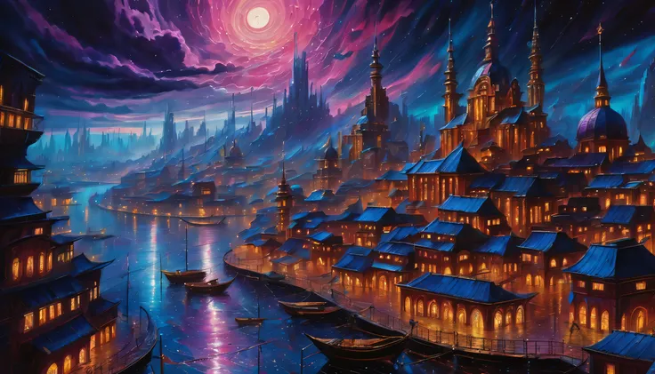 (((Amazing quality and insane majestic futuristic utopia world cityscape illustration:1.3))), dynamic compositions, Deep in the shadowy baroque galaxy, Facing the neon storm, Brave dark wizard on the background of the starry sky, lightning strikes around, ...