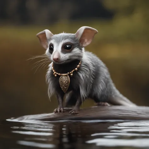 gremlin, mole-like, bright silver and brown, long tail, large ears, covered with silver wool, water, stands on the shore, Best Quality, Masterpiece, in style of dark fantasy art , acorn in paws,