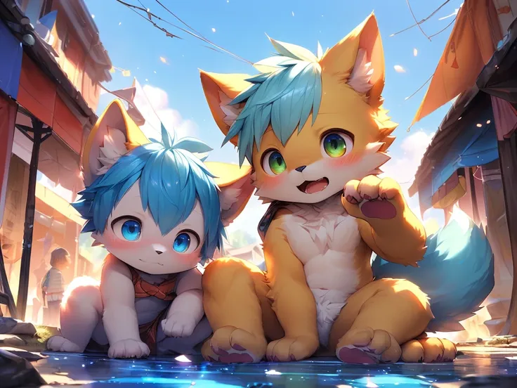 Alone,(Bellway:0.8),(shota,Gamine,cub,young，catss，Yellow fur，toddlers，Blue pupil，yellow and light blue hair，A boy with）correct hand，sitting next to a puddle，Open your legs，Put one paw between your legs，raised his hand，nakeness，cropped legs，Rounded chin
(电影...