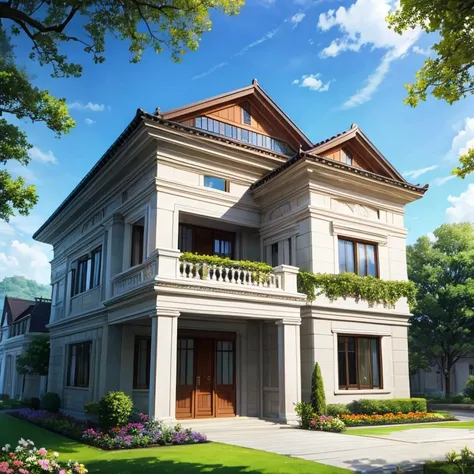 Flower home model in velly, green grass , trees,
Modern classical architecture house, 2 floors , white marble