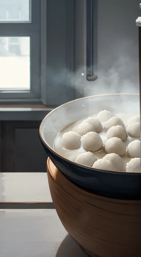 Snowflakes are falling outside the window，The glutinous rice balls in the bowl are steaming in the room