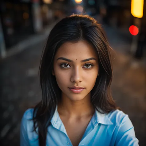 (taking selfies, overhead view: 1.4), (straight half of the torso: 1.4), Portrait photo of a 24-year-old Indian girl in RAW UHD format (Blue-eyed woman) Walk down the dark alley, night city, Details (textures! , Hair! , glistering, Color!! , imperfections:...