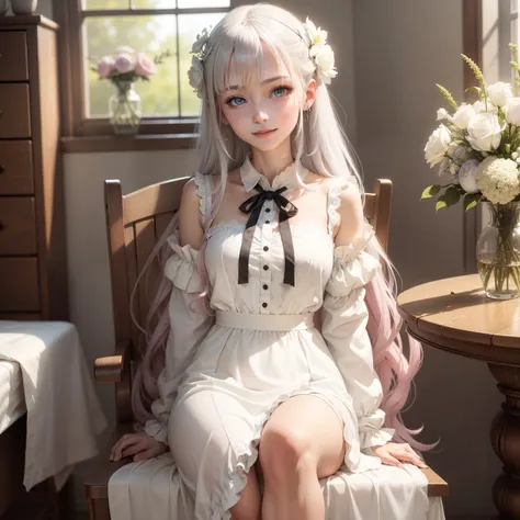 masutepiece, Superb Piece, Daytime, indoor，sit a chair, Falling flowers, White Dress, 1 girl, A perfect woman, Woman with silver and white long hair, gray blue eyes, pale pink lips, Cold, Serious, Bang, Purple eyes, White clothes, black closing line, Delic...