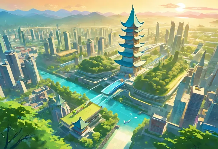 (((Vector illustration style)))，(In this illustration of a utopian world，Describe a fairy tale、An ideal country with science fiction elements。The background is a majestic city，The architectural style combines futuristic and sci-fi elements。Soaring towers a...