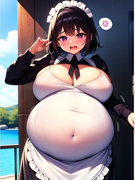 Maid dress, big belly, embarrassed, big tits, transparent clothes, Full of water, Choking on your own weight