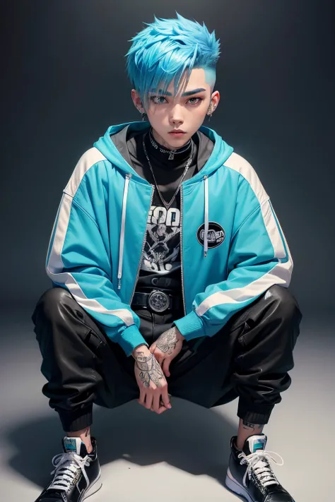 Kpop teen young age boy with fade cut blue hair with with frosted white tips, cute face, irresistible,sit pose, poser, serious face, full half body show, tattoos, wears cool black mixed blue ang green open jacket with long big sized shirt, long black pants...