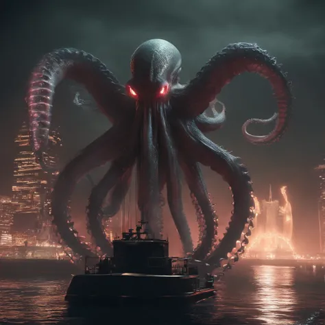 Giant octopus monster，Cthulhu in the Cthulhu Mythos，(glowing light eyes:1.5)，with her mouth open，dongquan，extremly high detail，High chiaroscuro，4K，unreal 5 render，Best quality at best，tmasterpiece，Rendered by Octane，Looking directly at，extremely dangerous，...