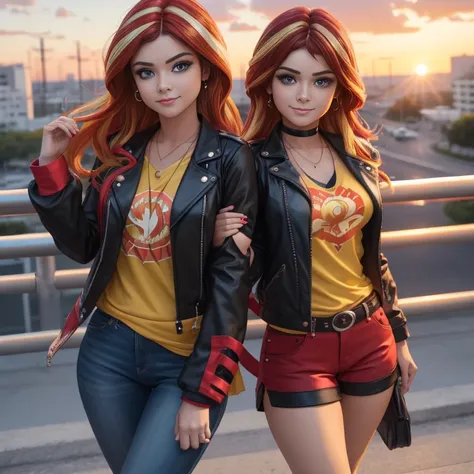 1 hermosa chica , 20yr old , Sunsethuman , Sunset Shimmer from my little pony, Sunset Shimmer in the form of a girl , pechos grandes , pechos voluminosos, pechos firmes , sexy , blusa azul , small black jacket with folded sleeves , pantalon de mezclilla az...