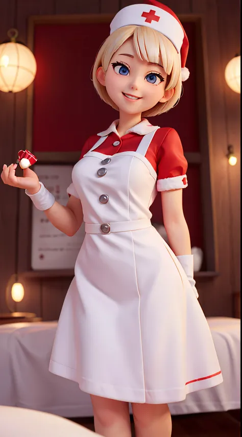 she is a cute nurse、Blonde short cut hair、Silver eyes、Big eyes、Cute smile、Santa Hat