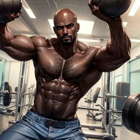 Um homem preto negro careca carecA careca africano , masculino, Working out intensely in a bodybuilding gym, Well-defined and detailed muscles bald jomem bald bald